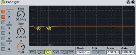 Ableton Live - EQ Eight - Showing -2dB at 50Hz and 100Hz